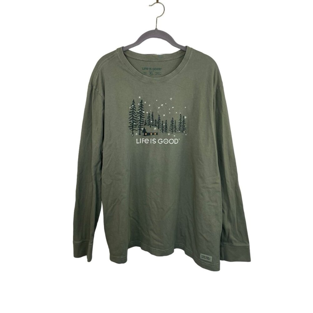 Life is Good Snowy Cabin Long Sleeve Shirt Green XL
